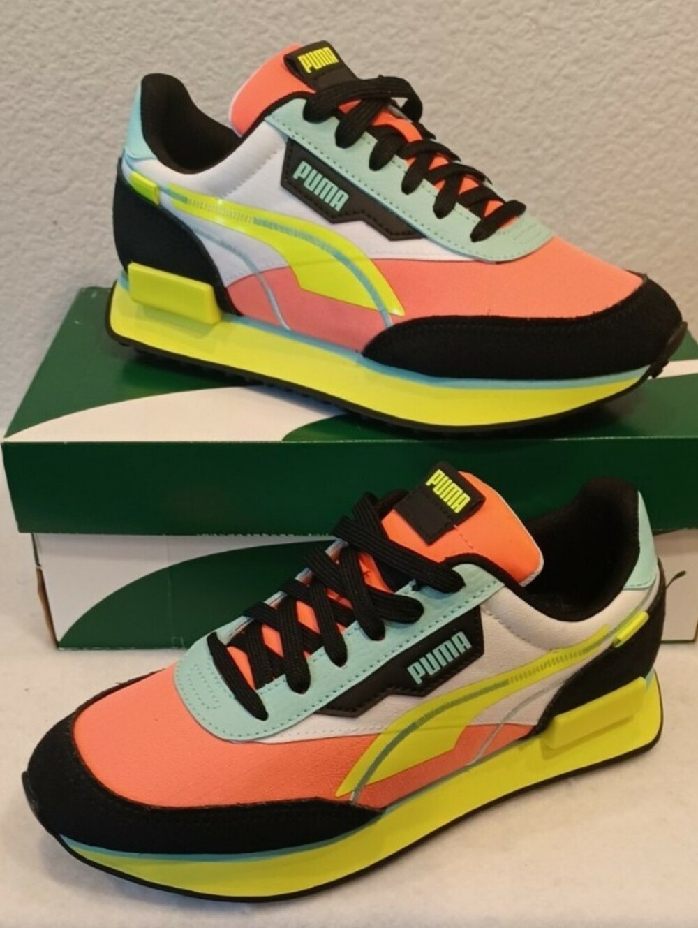 NWB .Puma Coral, Mint & Neon Yellow Retro Running Sneakers